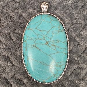Large Turquoise Look Stone Pendant Silver Tone Oval Statement Boho Southwestern